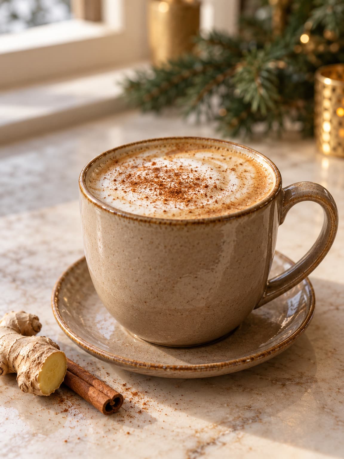 A mug of gingerbread latte with milk foam and cinnamon, with ginger and a cinnamon stick beside it.