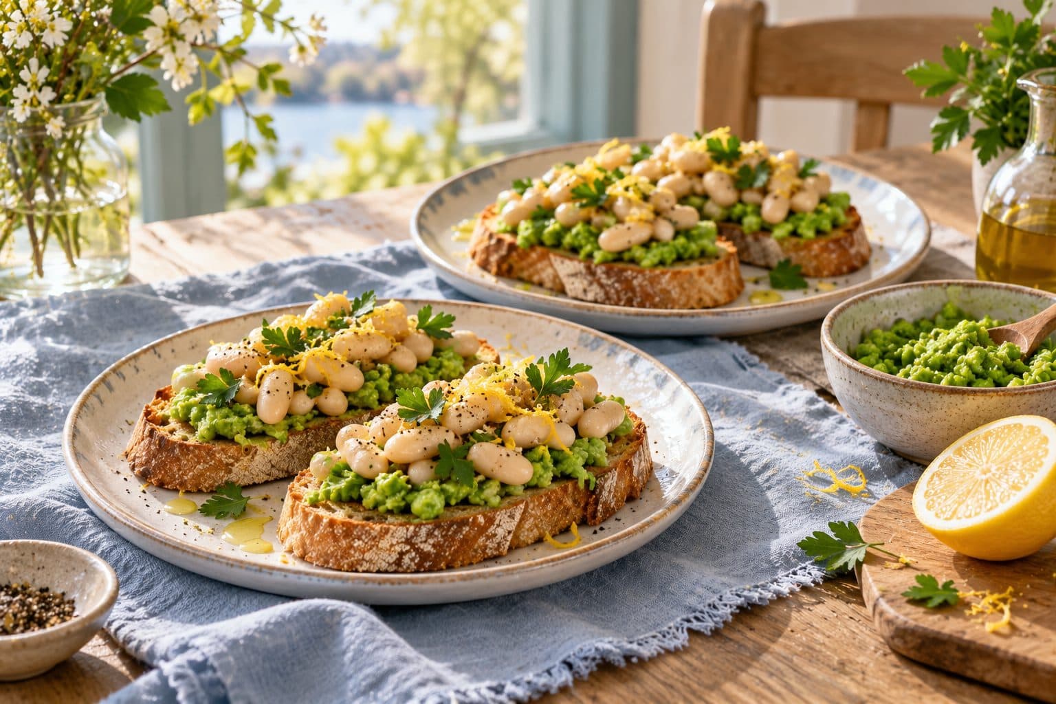 AI-created concept image of toast with peas, white beans, lemon zest and parsley.