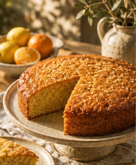 A sliced olive oil cake with a golden, sugar-crusted top, served on a ceramic cake stand with citrus fruit in the background.