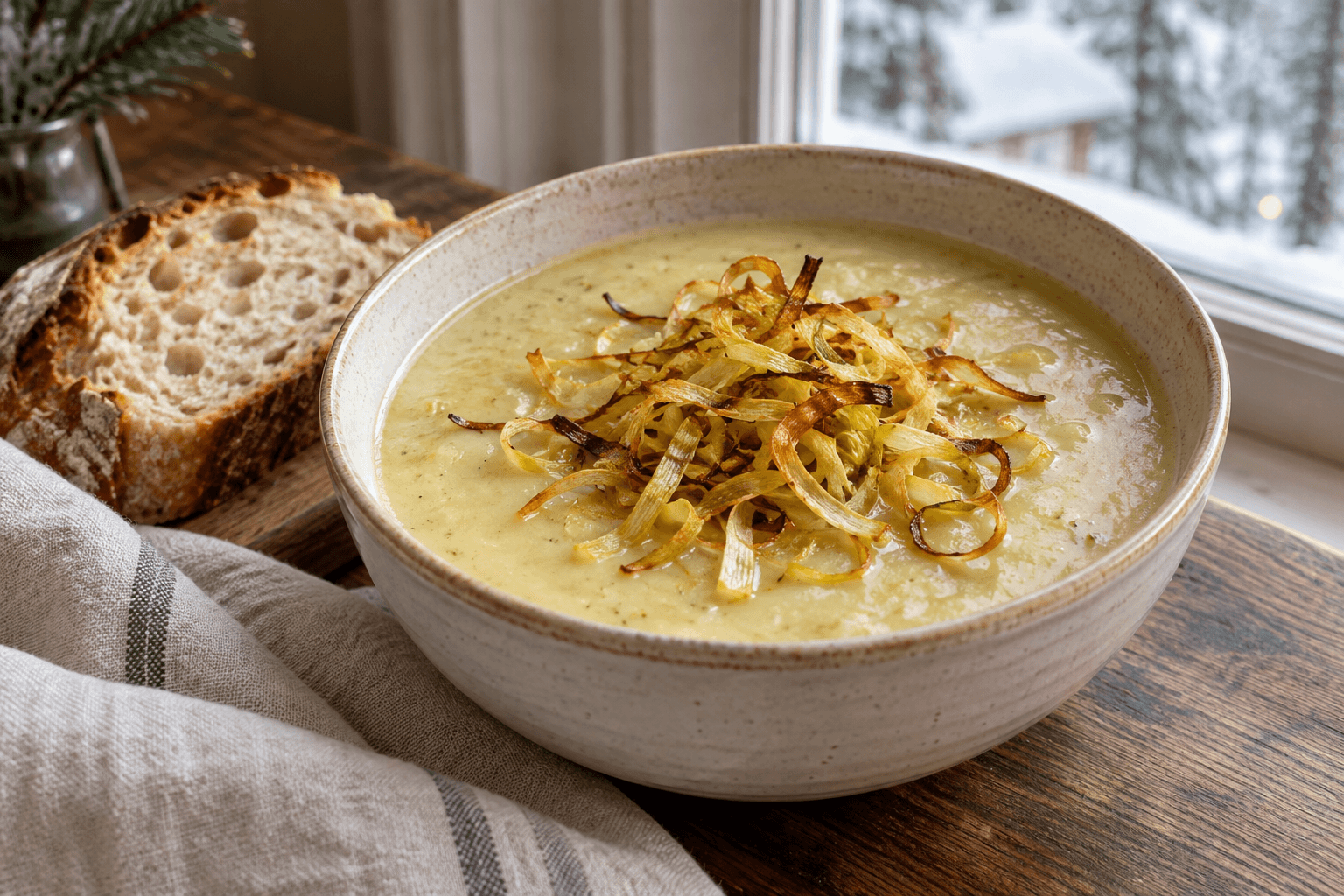 A bowl of potato and leek soup with mustard, topped with golden leek ribbons and served with bread.