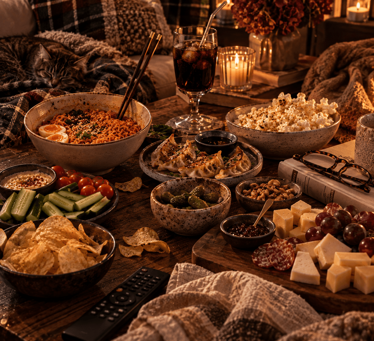 A cosy, lived-in spread for Girl Dinner: a bowl of ramen with soft-boiled egg, gyoza, popcorn, pickles, cashews, a cheese and charcuterie board, crisps, cucumber and dip, all laid out on a wooden coffee table with a lit candle, a remote control and a cat asleep on a blanket in the background.