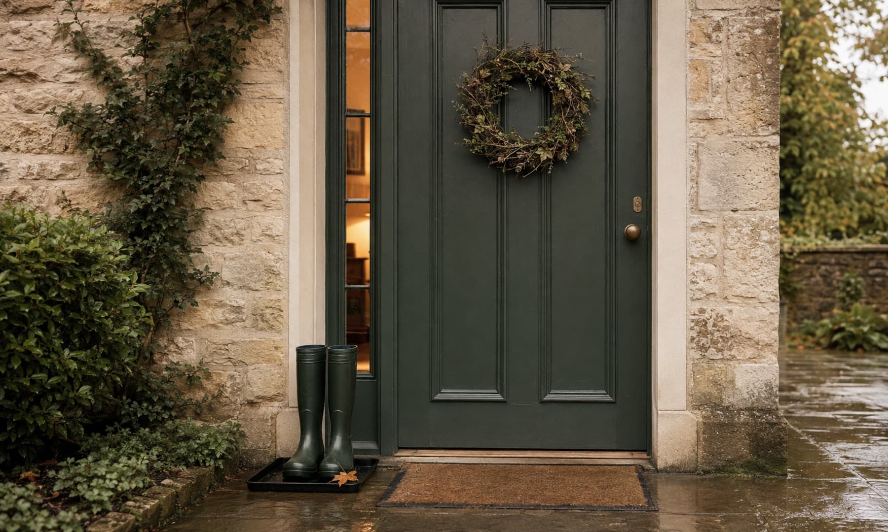 An autumn wreath at the front door with wet green wellington boots by the back entrance.