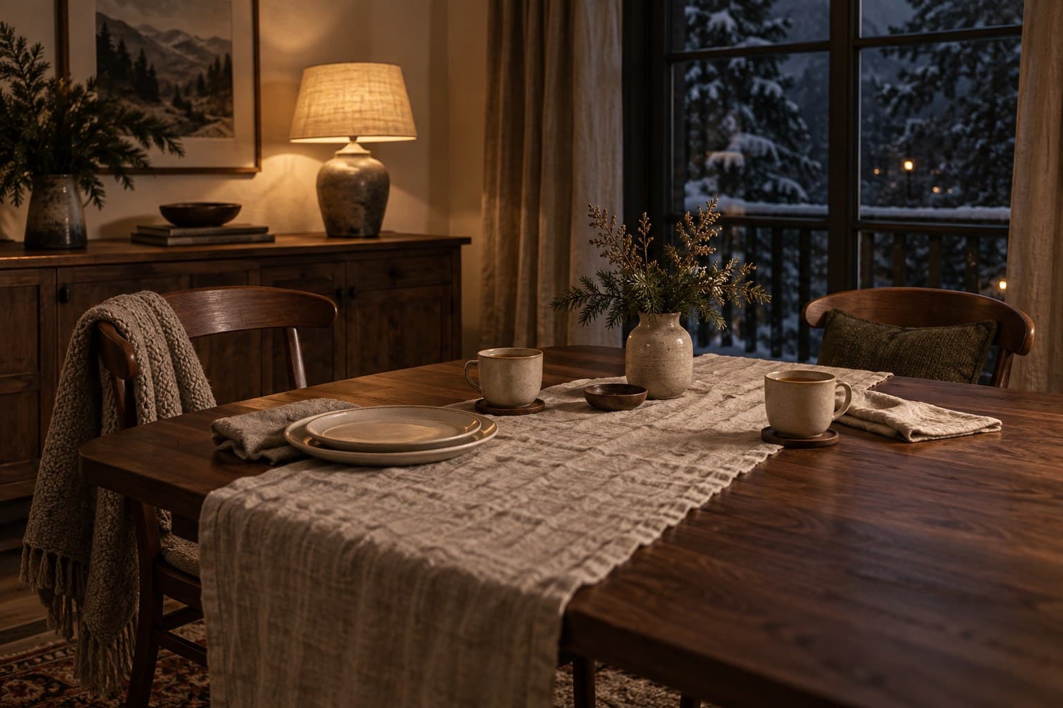 Two cups and stacked plates on a winter supper table, with warm lamplight and snowy trees outside.