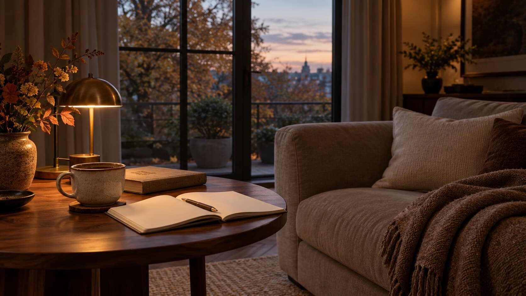 A lit brass lamp, an open notebook and pen, and a cup of coffee on a wooden coffee table in a cosy evening living room, with an autumn view through the window.