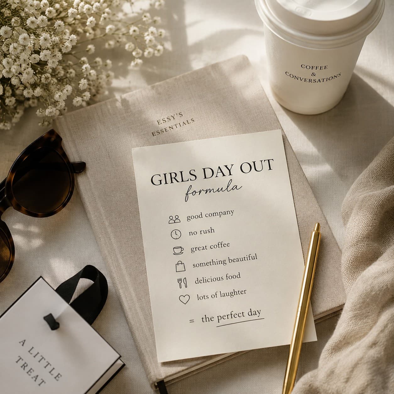 A printed "Girls Day Out Formula" card listing good company, no rush, great coffee, something beautiful, delicious food and lots of laughter, styled on a stack of linen-bound notebooks beside sunglasses, dried flowers and a coffee cup reading "Coffee & Conversations".