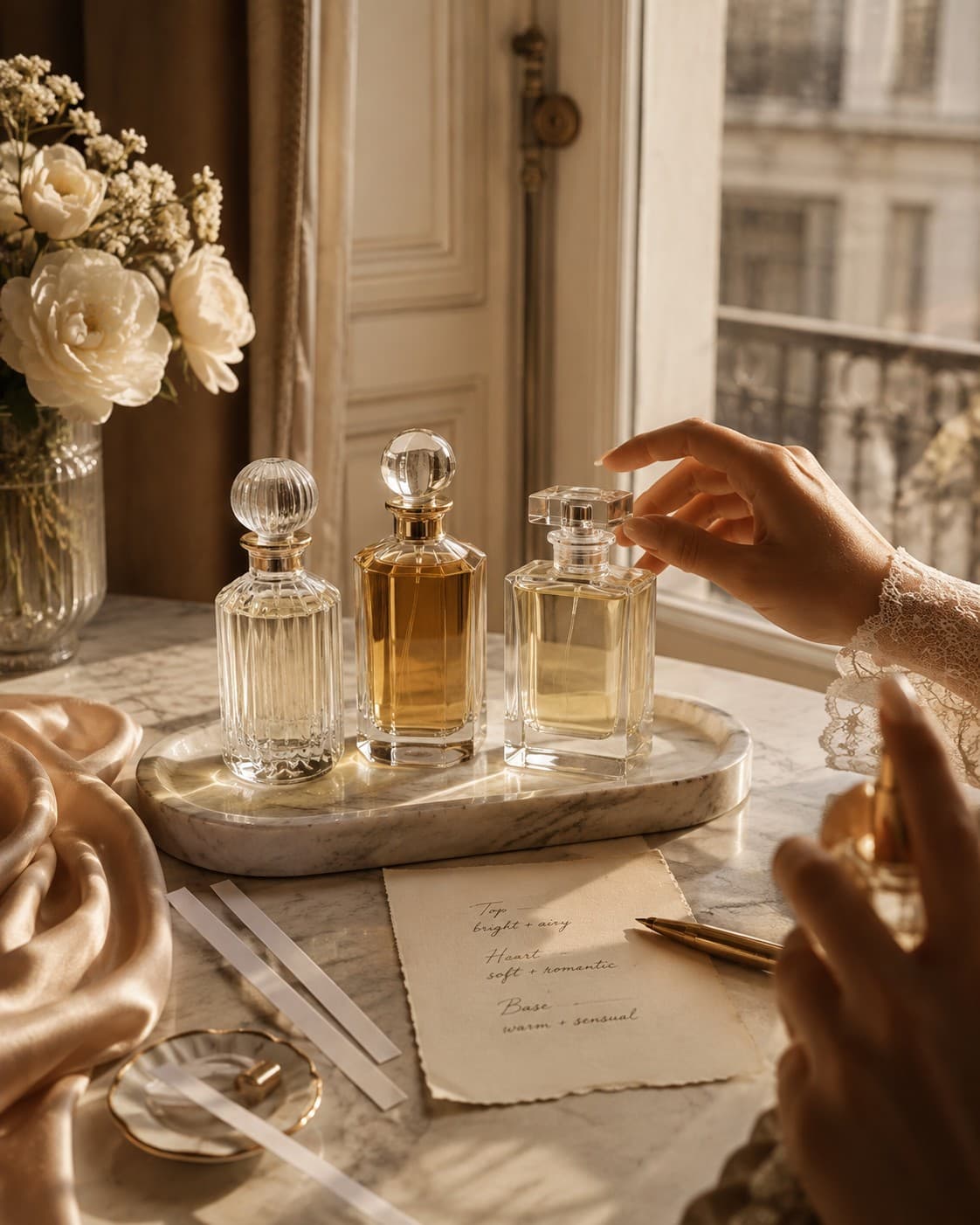 Three fragrance bottles arranged on a marble tray beside a handwritten scent note reading "Top: bright and airy, Heart: soft and romantic, Base: warm and sensual", with a hand reaching for one bottle.