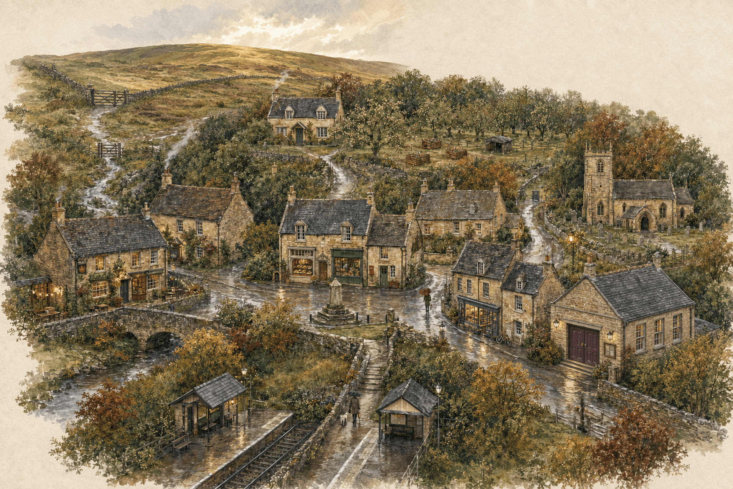 Illustrated map of Amberfell, from the station path to Alder House, Vale Orchard and Amber Fell.
