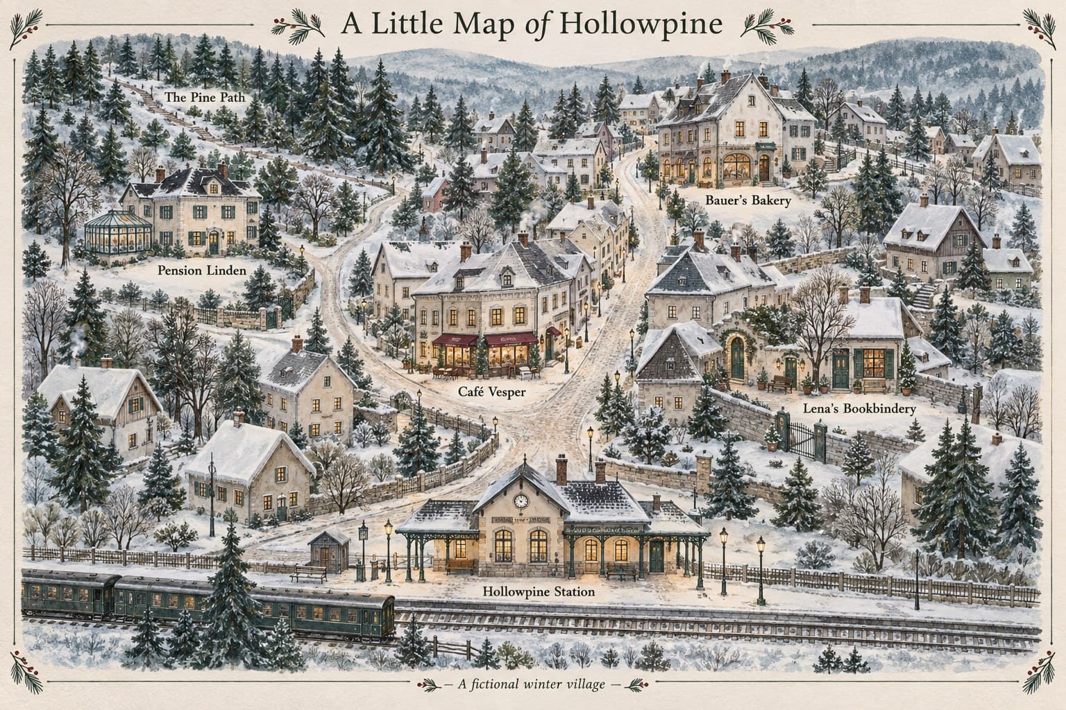 Illustrated winter map of Hollowpine, with the station below Café Vesper and Bauer’s Bakery, Pension Linden beside the pine hillside, and Lena’s bookbindery off the main lane.