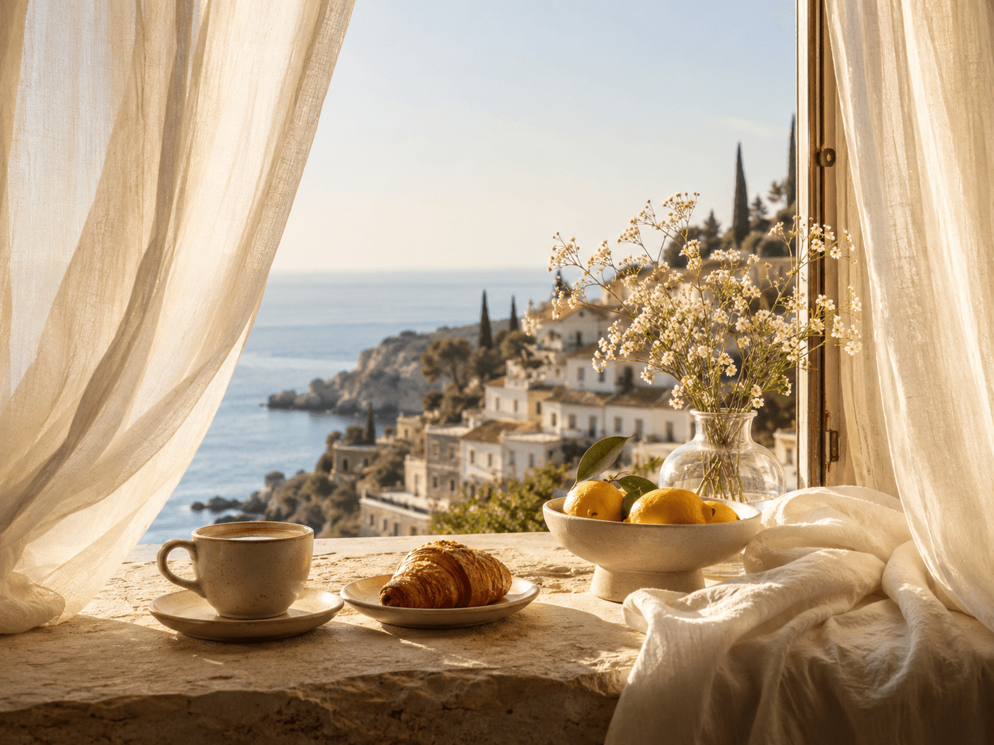 A sheer linen curtain billows beside an open window overlooking a sun-washed Italian coastal village, with a cup of coffee, a croissant, a bowl of lemons and a vase of wildflowers arranged on the windowsill.