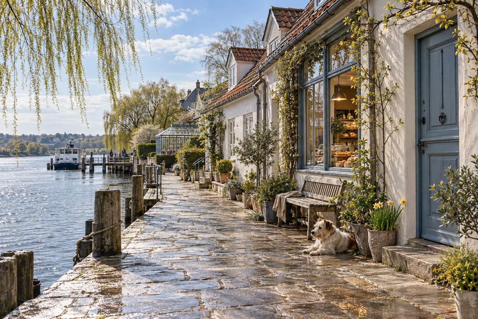 AI-created image of pale houses and blue doors along the river in the fictional village of Willowmere.