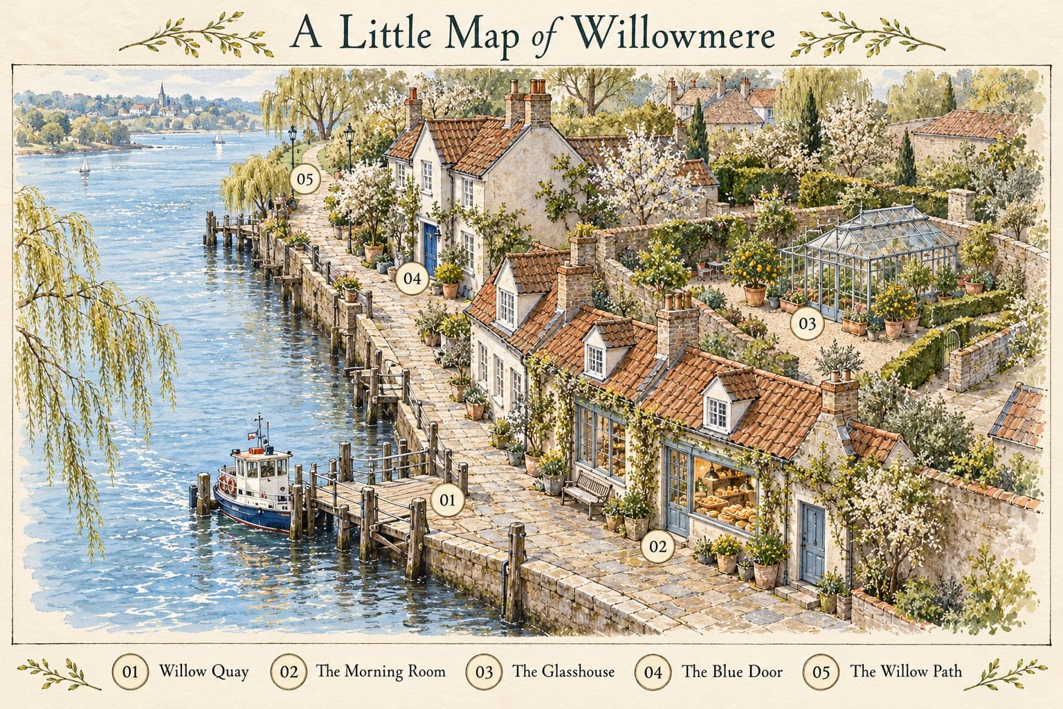 Illustrated map of fictional Willowmere showing Willow Quay, The Morning Room, The Glasshouse, The Blue Door and The Willow Path.