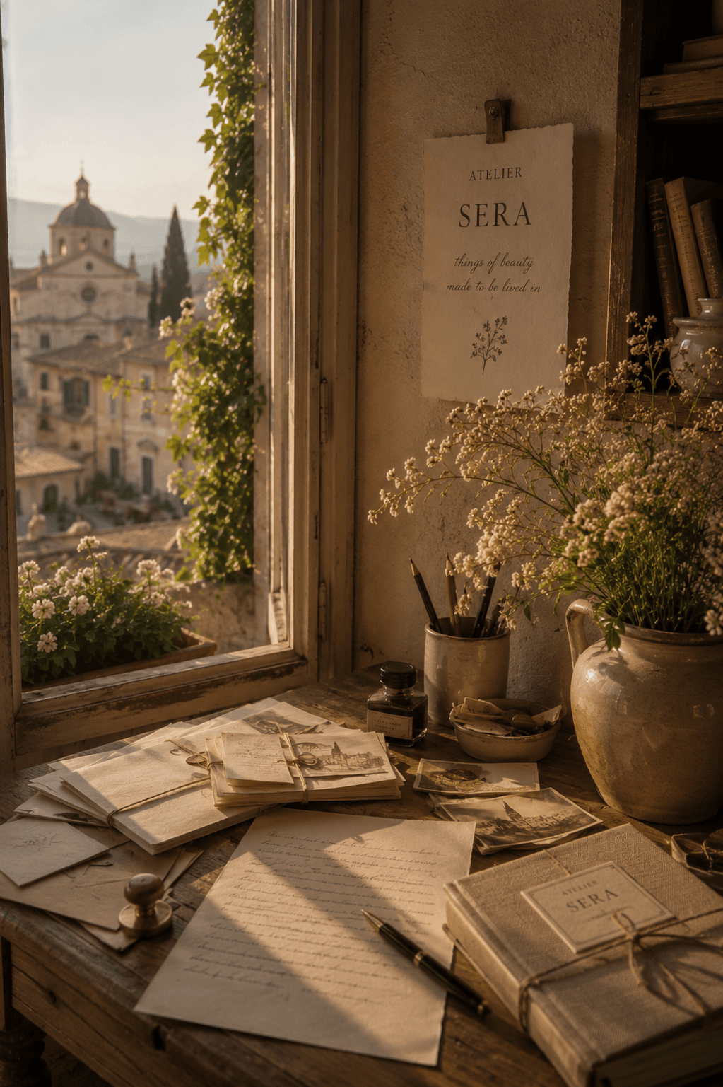 A cool, narrow perfume atelier with small glass bottles on marble shelves, folded cloths, candles and silver-framed photographs catching harbour light.