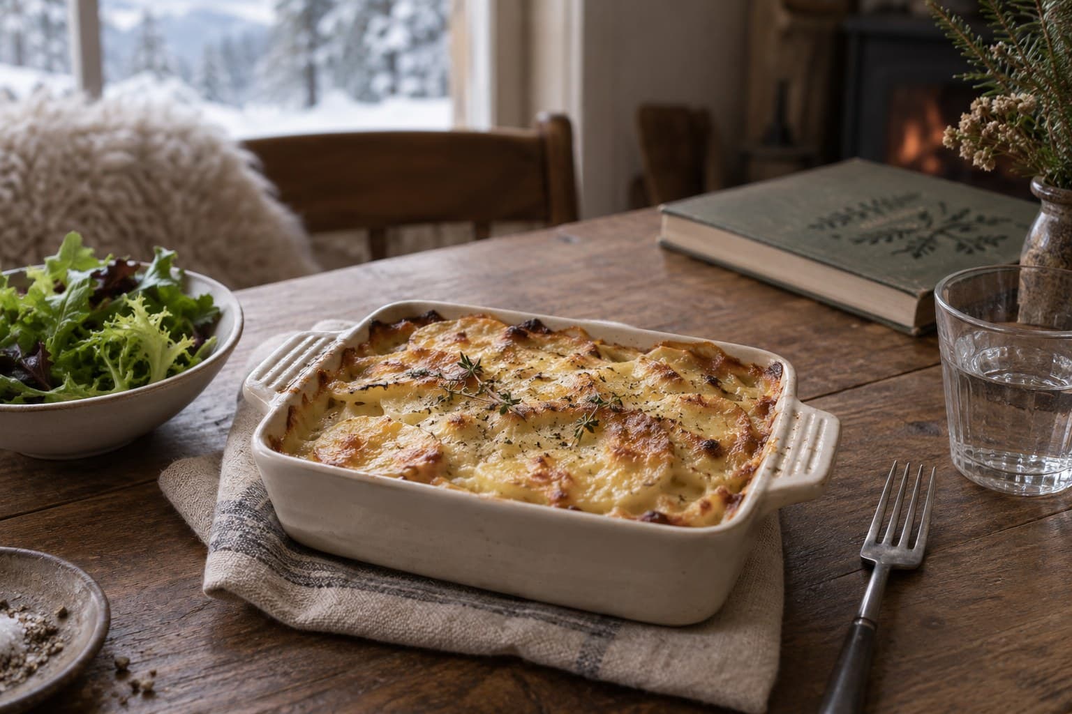 A small potato, onion and cheese bake for one, set beside a window table at Café Vesper.