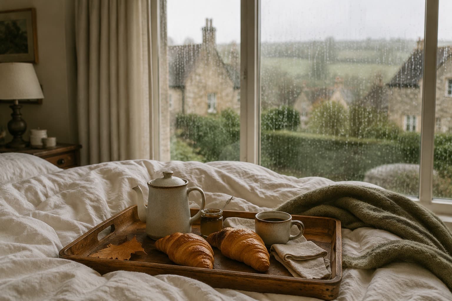 Coffee and croissants on a softly rumpled bed on the first rainy morning in Amberfell.