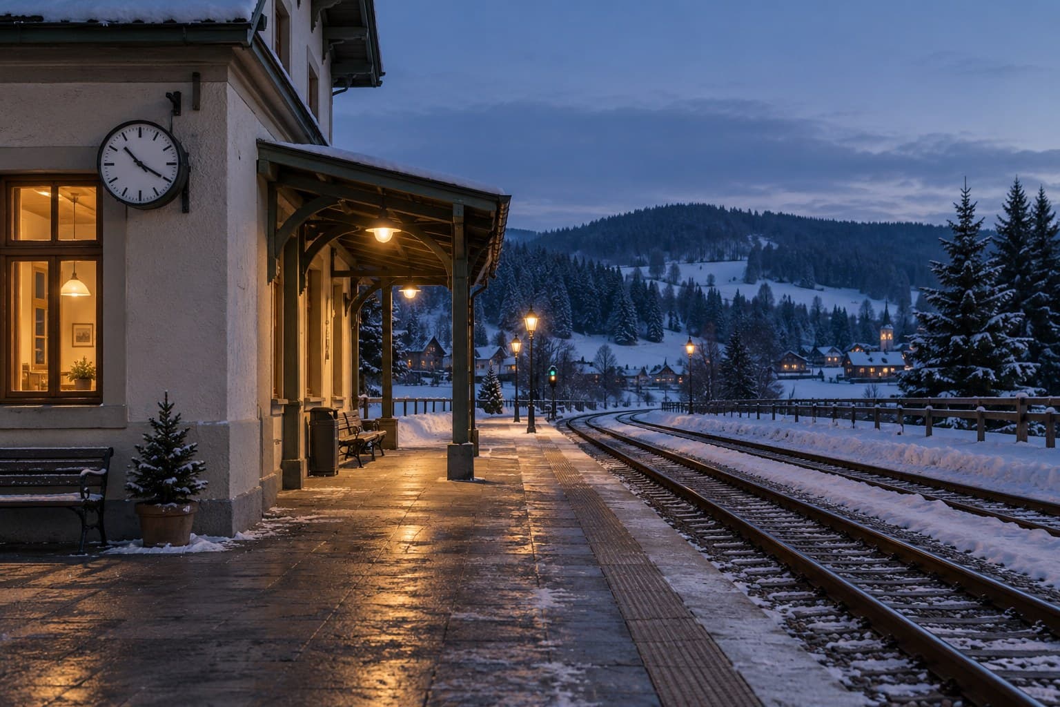 Hollowpine Station at dusk, with a lit clock, a covered platform and snow along the tracks.