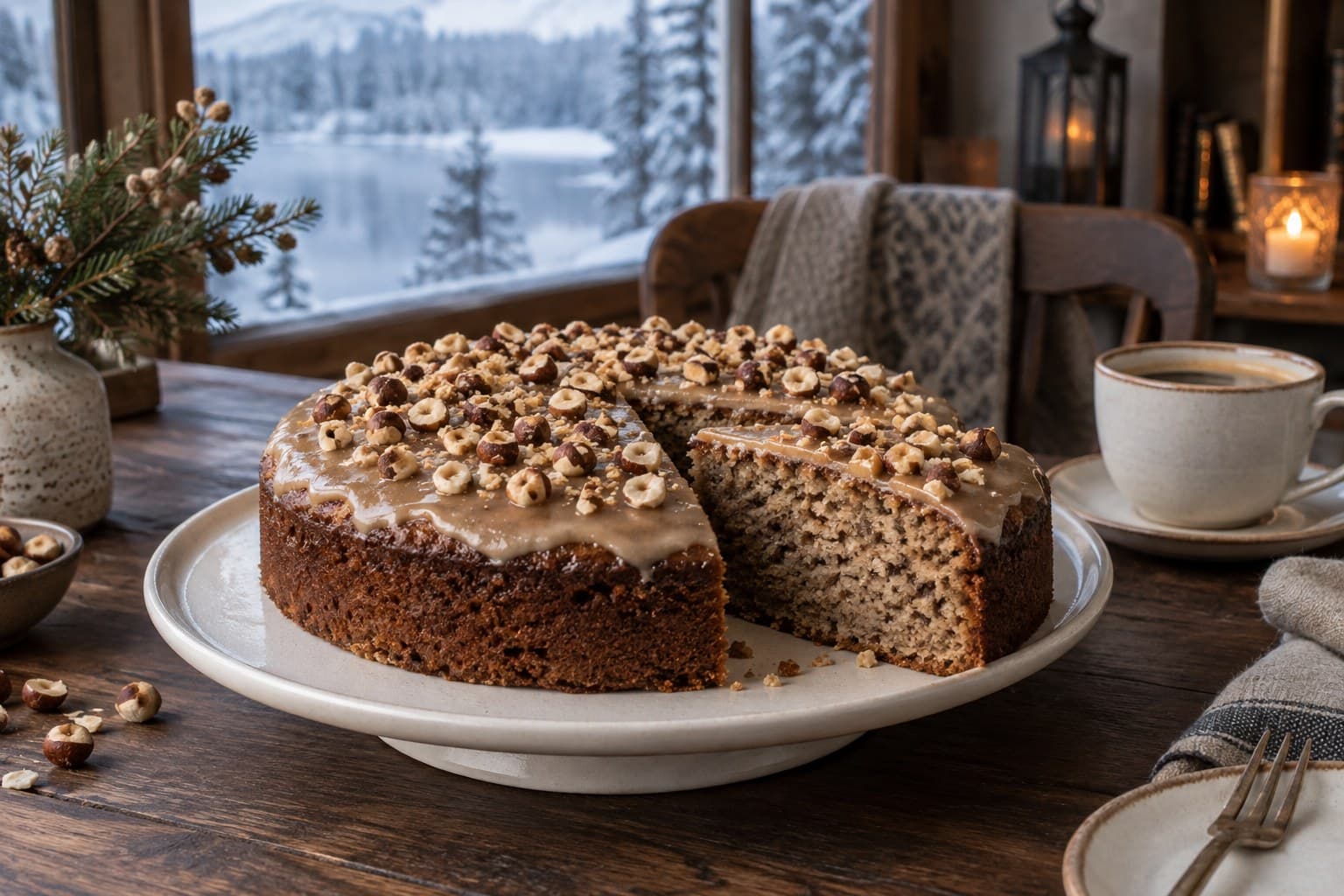 A hazelnut coffee cake with a thin coffee glaze, sliced and ready on a table in Hollowpine.