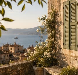 A stone terrace at Casa Alta overlooking Cortelume and the sea at golden hour, framed by a climbing white rose and a closed olive-green shutter.