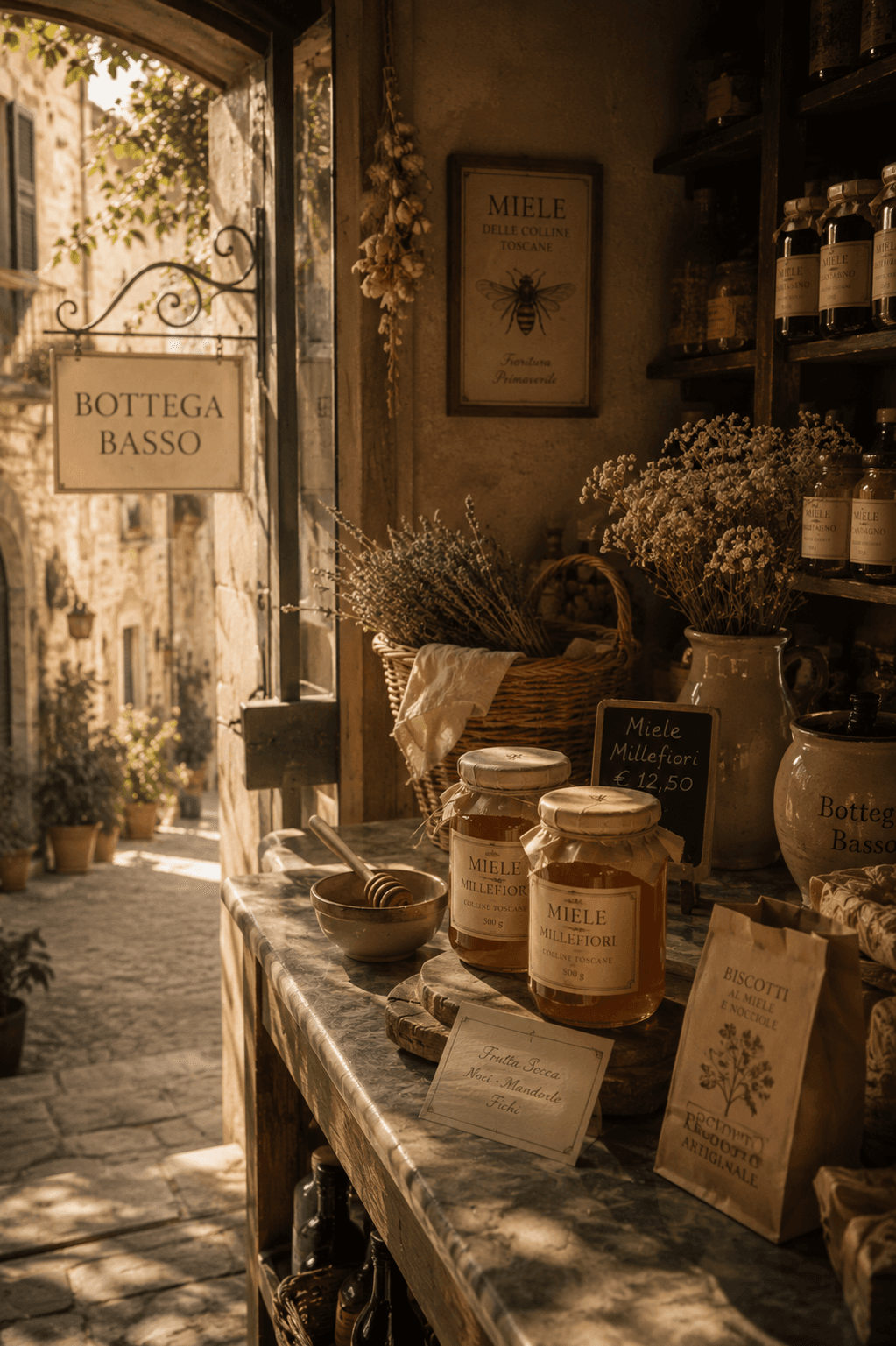 A cluttered, warm village shop counter with jars of honey catching the light, a stack of old postcards in a wooden tray, and paper-wrapped biscuits on a shelf.