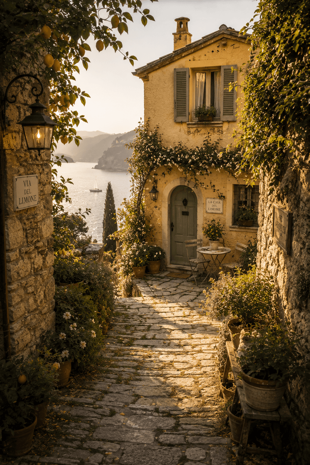 A cobbled lane called Via del Limone leading to a yellow stone house with a green door and lemon trees, overlooking the sea at golden hour.