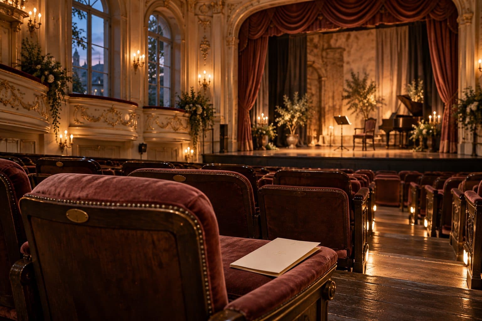 AI-created image of rose-coloured seats facing a softly lit stage in a fictional European theatre.