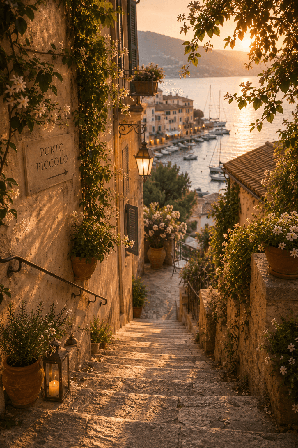 Warm stone steps descending toward a small harbour at dusk, terracotta pots along the walls, fishing boats and harbour lights appearing on the water below.