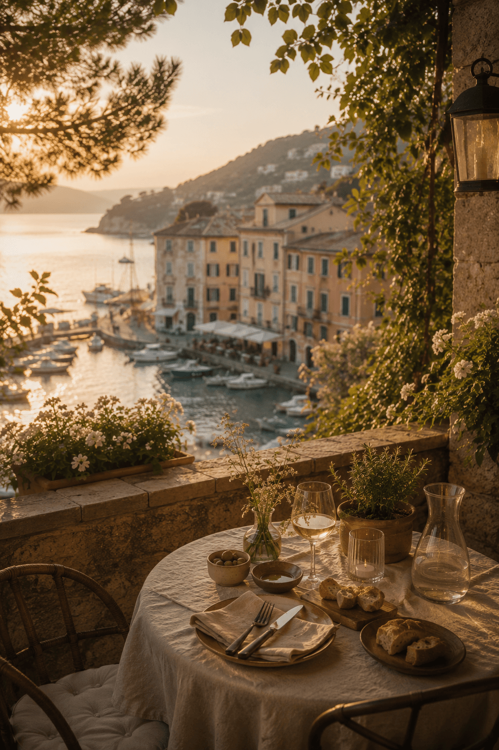A long harbour-side dinner table set with linen, amber glassware and a lit candle among lemon leaves, an empty chair at one end, boats visible below in the fading light.