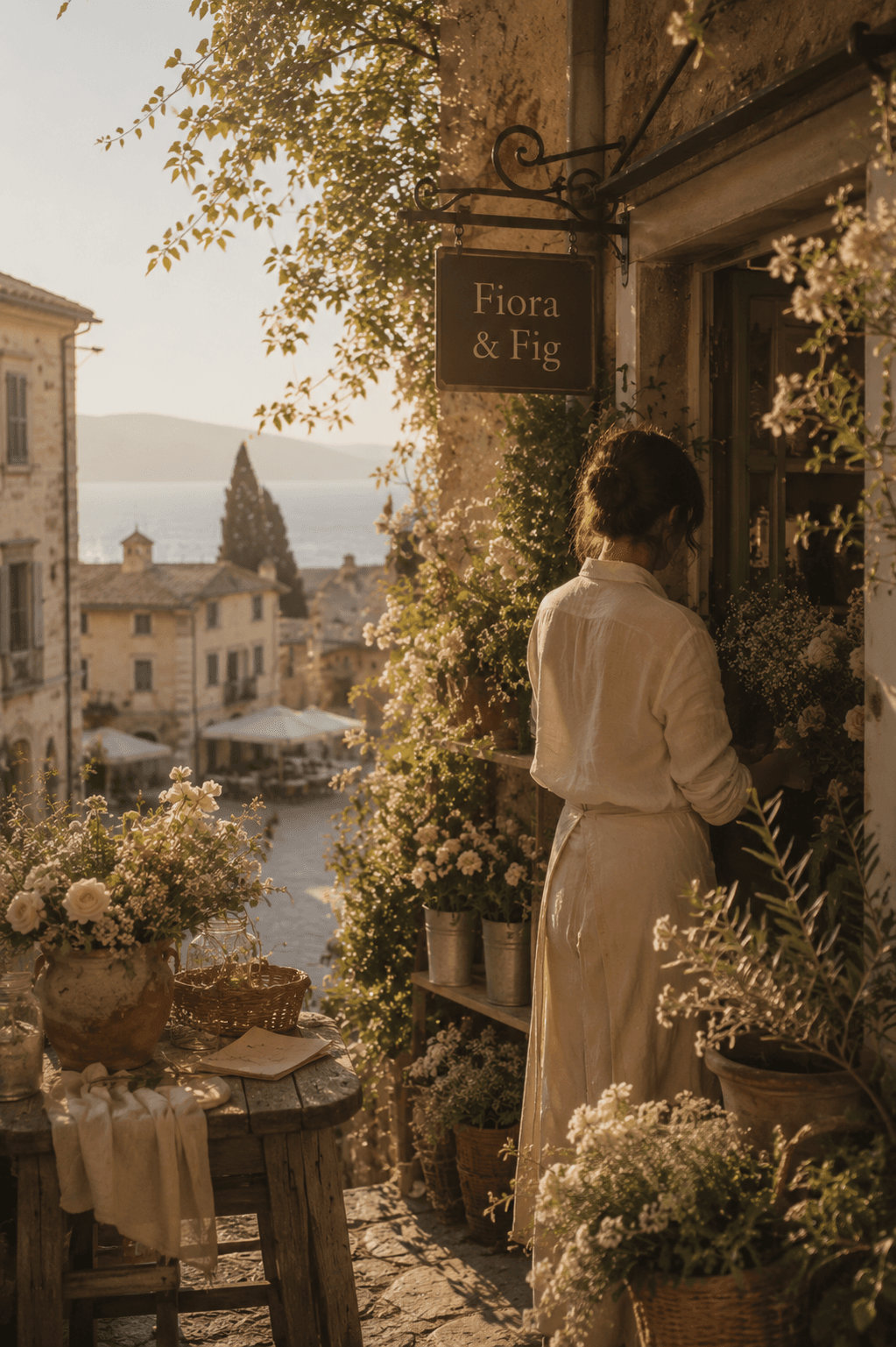 A flower and fruit shop doorway painted the colour of fig skin, buckets of dahlias and lemon branches under an awning, bowls of ripe figs arranged inside.