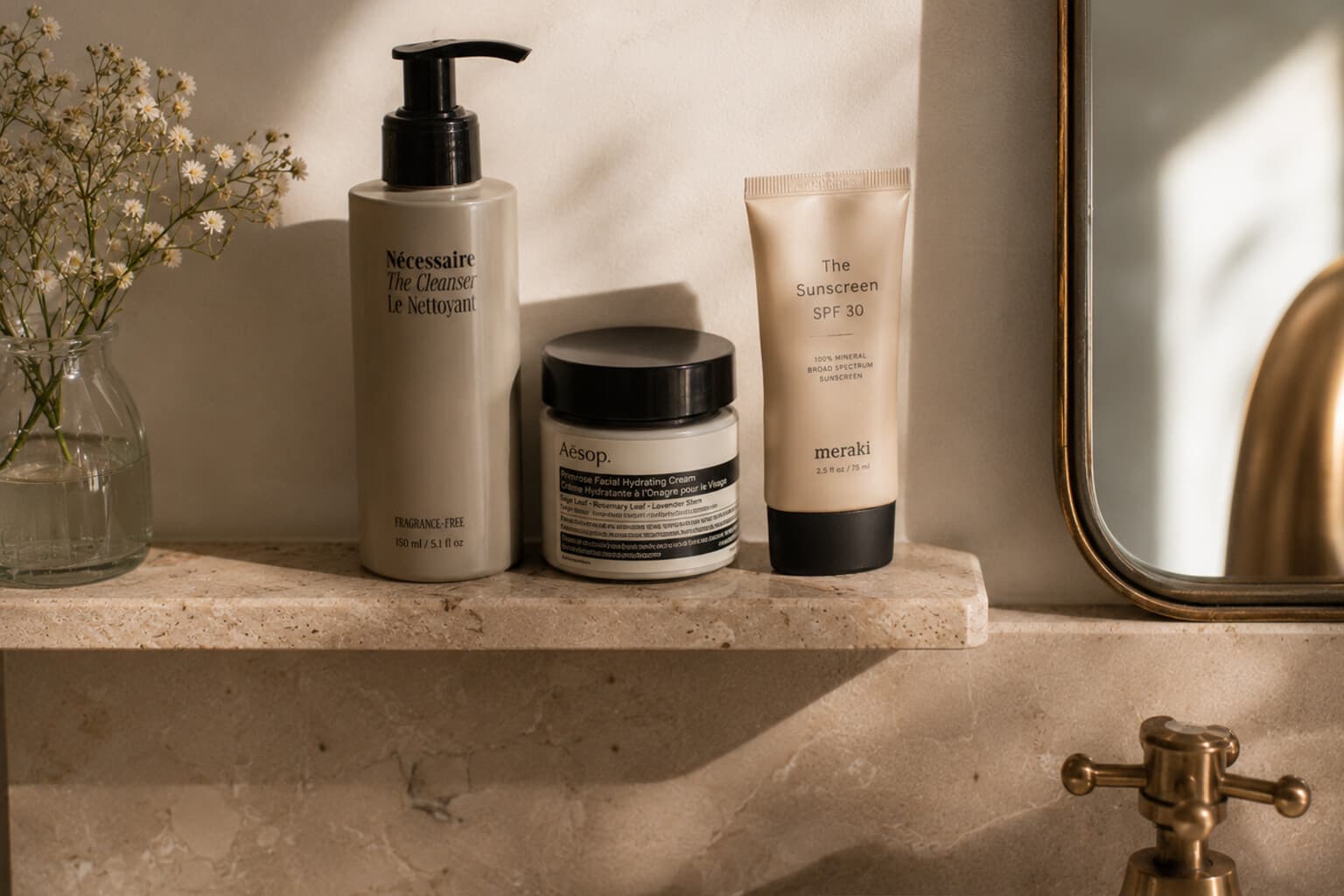 A small skincare shelf with cleanser, moisturiser and sunscreen arranged simply beside a sink.