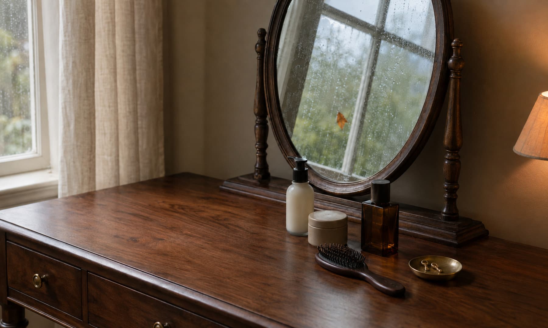 A calm autumn dressing table with skincare, a warm fragrance and a softly used mirror.
