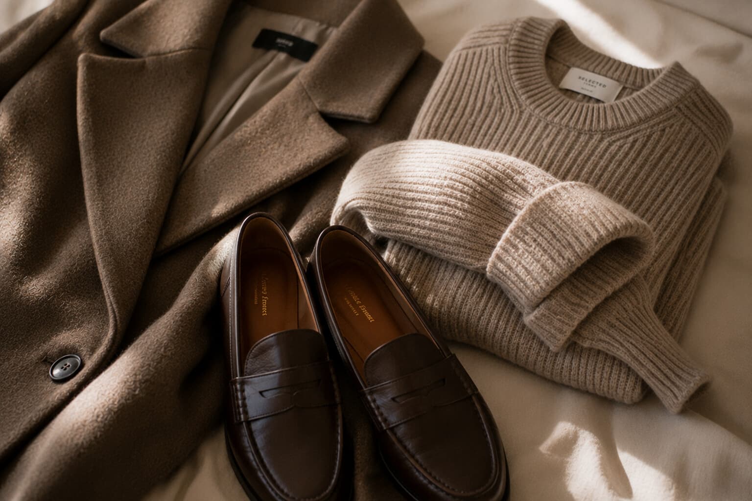 A few well-worn wardrobe staples - a coat, a knit and loafers - laid out together.