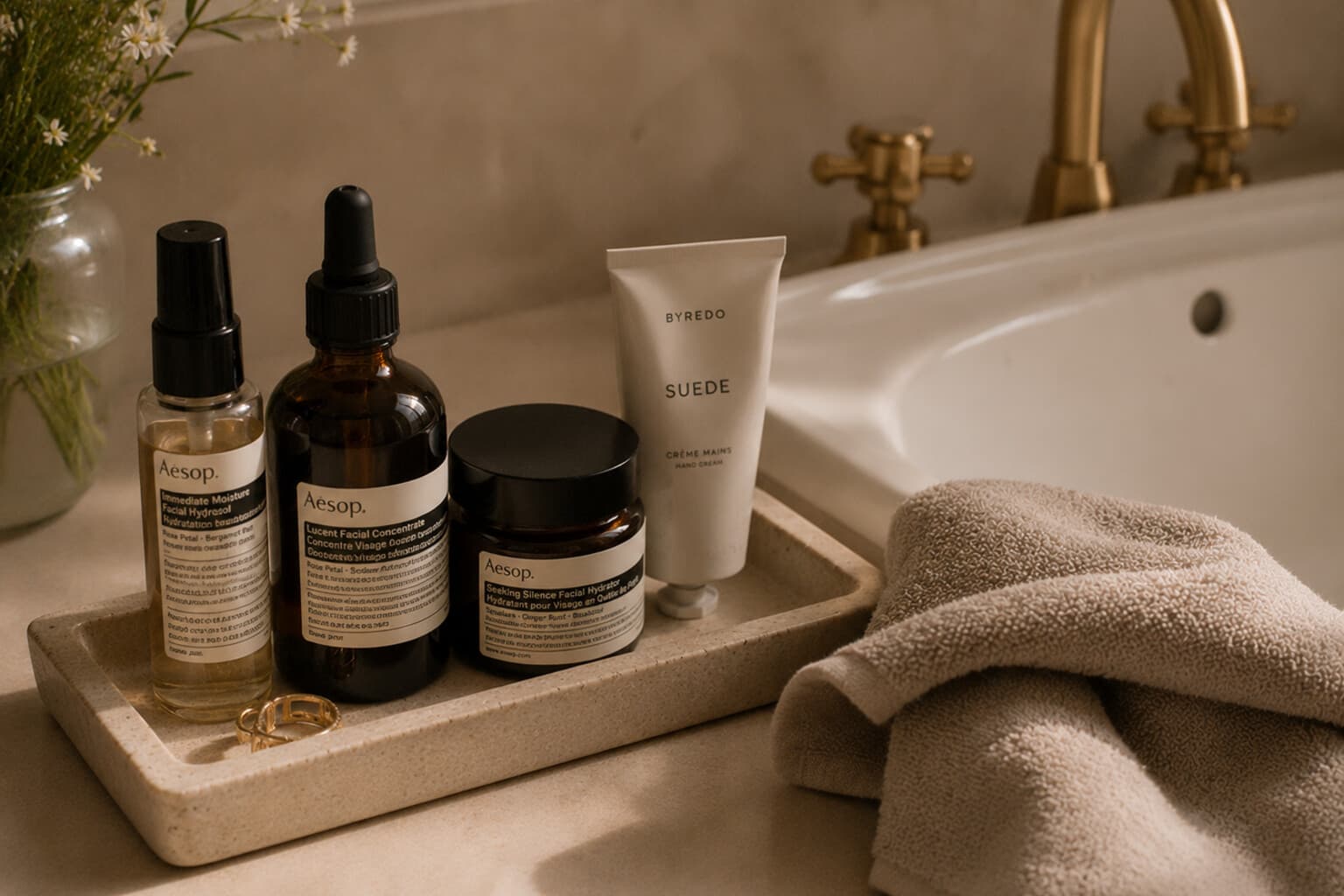 A small tray of daily skincare and a soft towel set beside a bathroom sink.