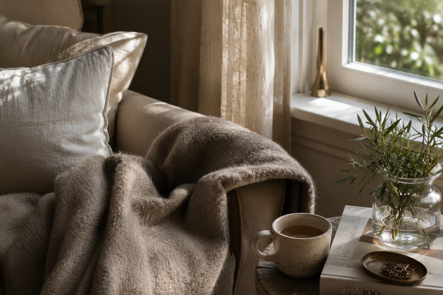 A quiet corner with a blanket, a warm drink and soft daylight suggesting a moment of rest.