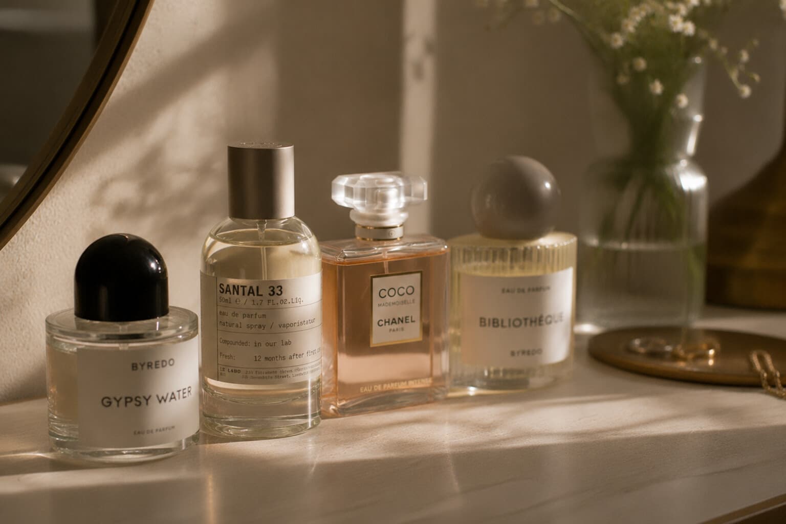 A small row of perfume bottles catching soft light on a dressing table.