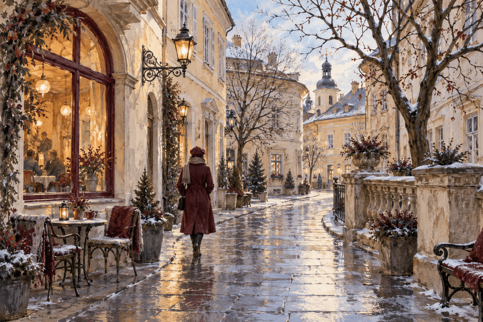 Painted illustration of an imagined winter town lane with pale façades and a warmly lit café.