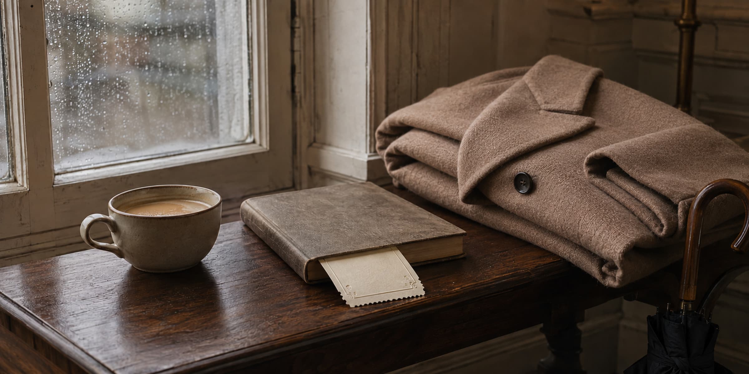 A theatre ticket, warm coffee and folded coat ready for a quiet autumn matinee.