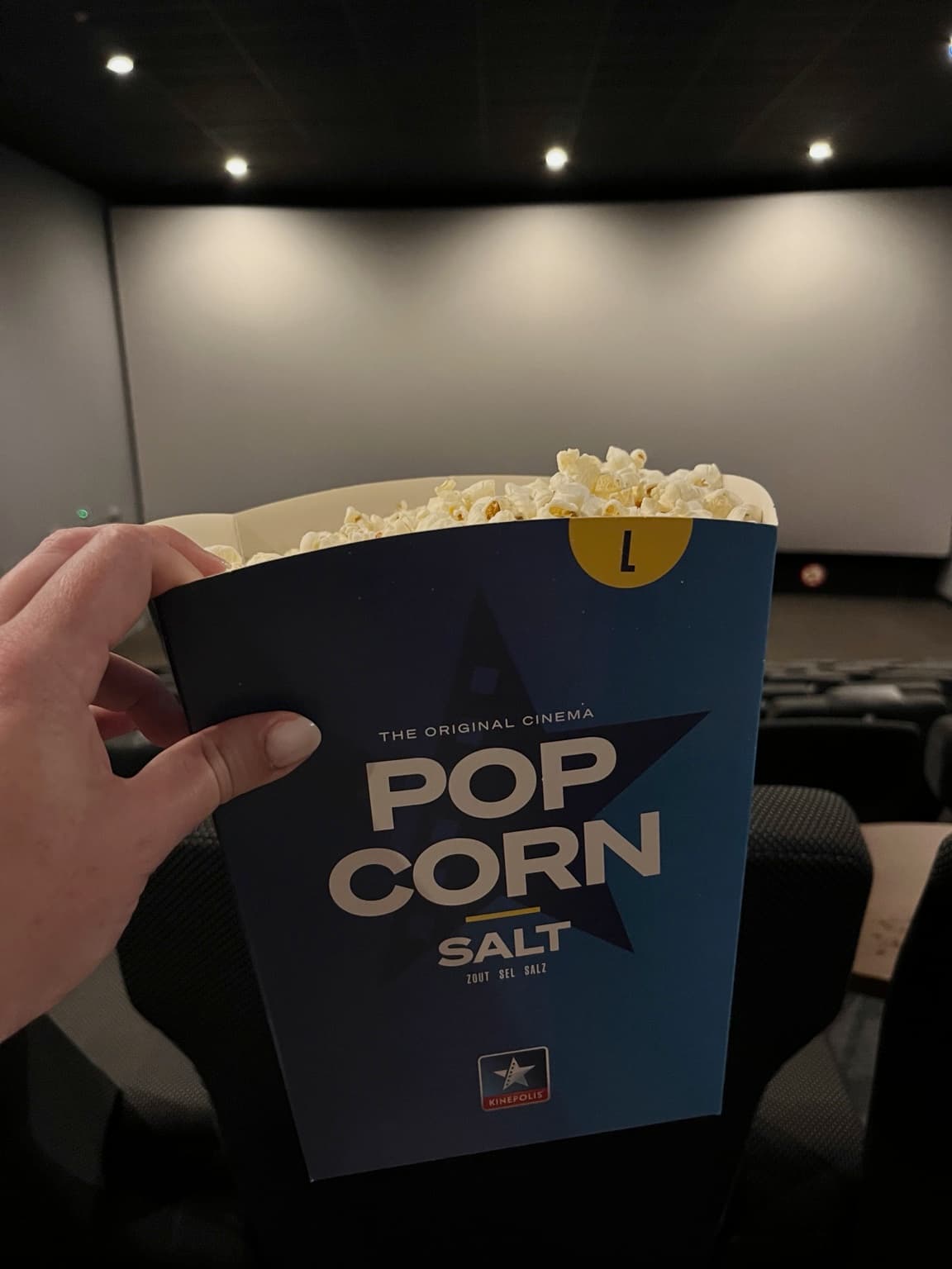 Large box of salted popcorn held in front of a cinema screen before a morning film.