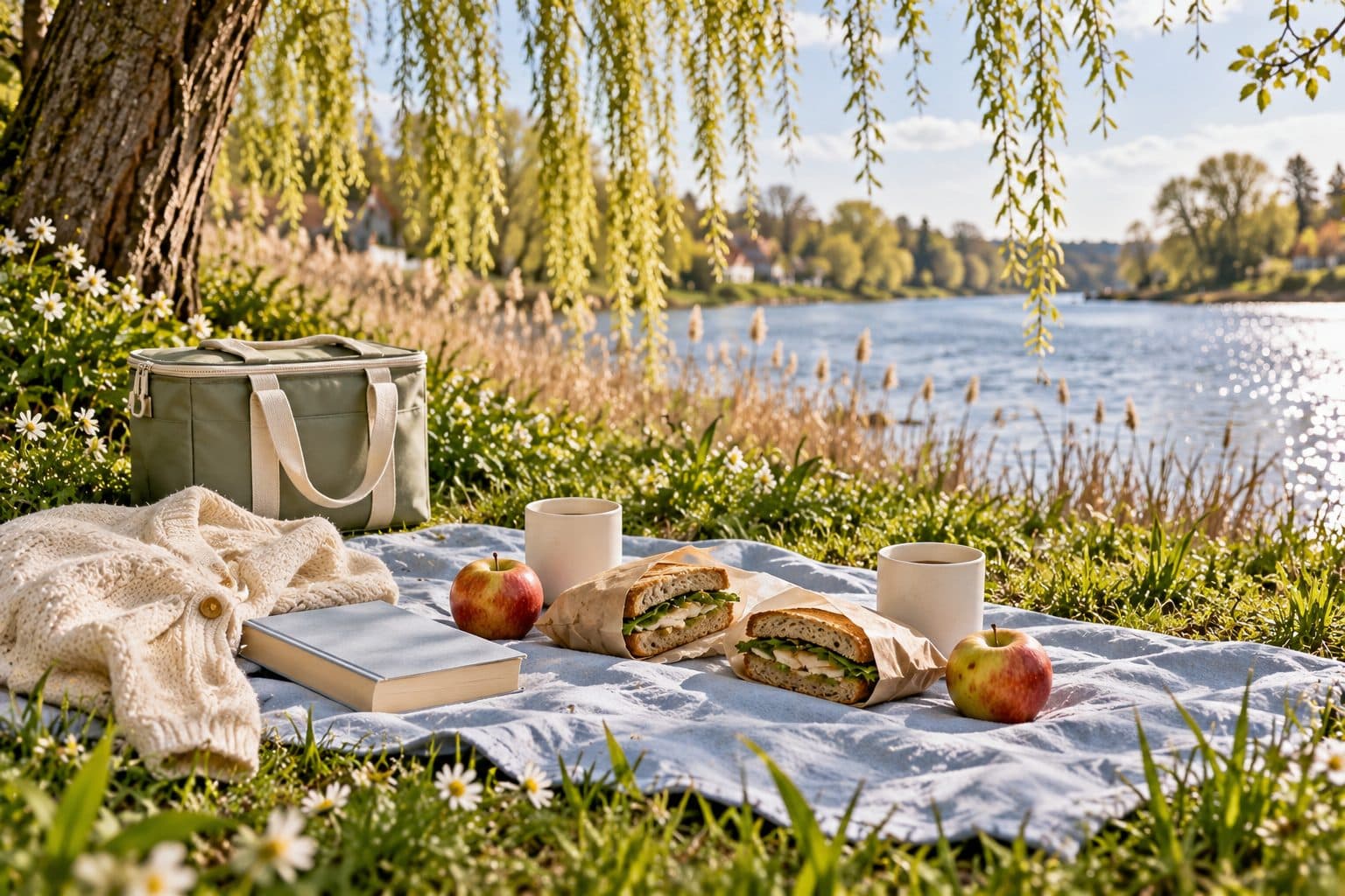 AI-created image of a small picnic for two beneath a willow beside a river, with sandwiches, apples and a closed cool bag.