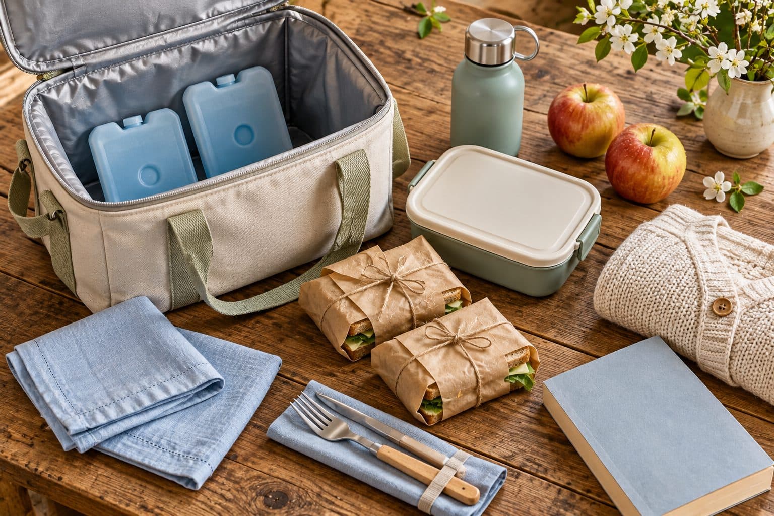 AI-created image of picnic food and useful items beside an open insulated bag with two ice packs.