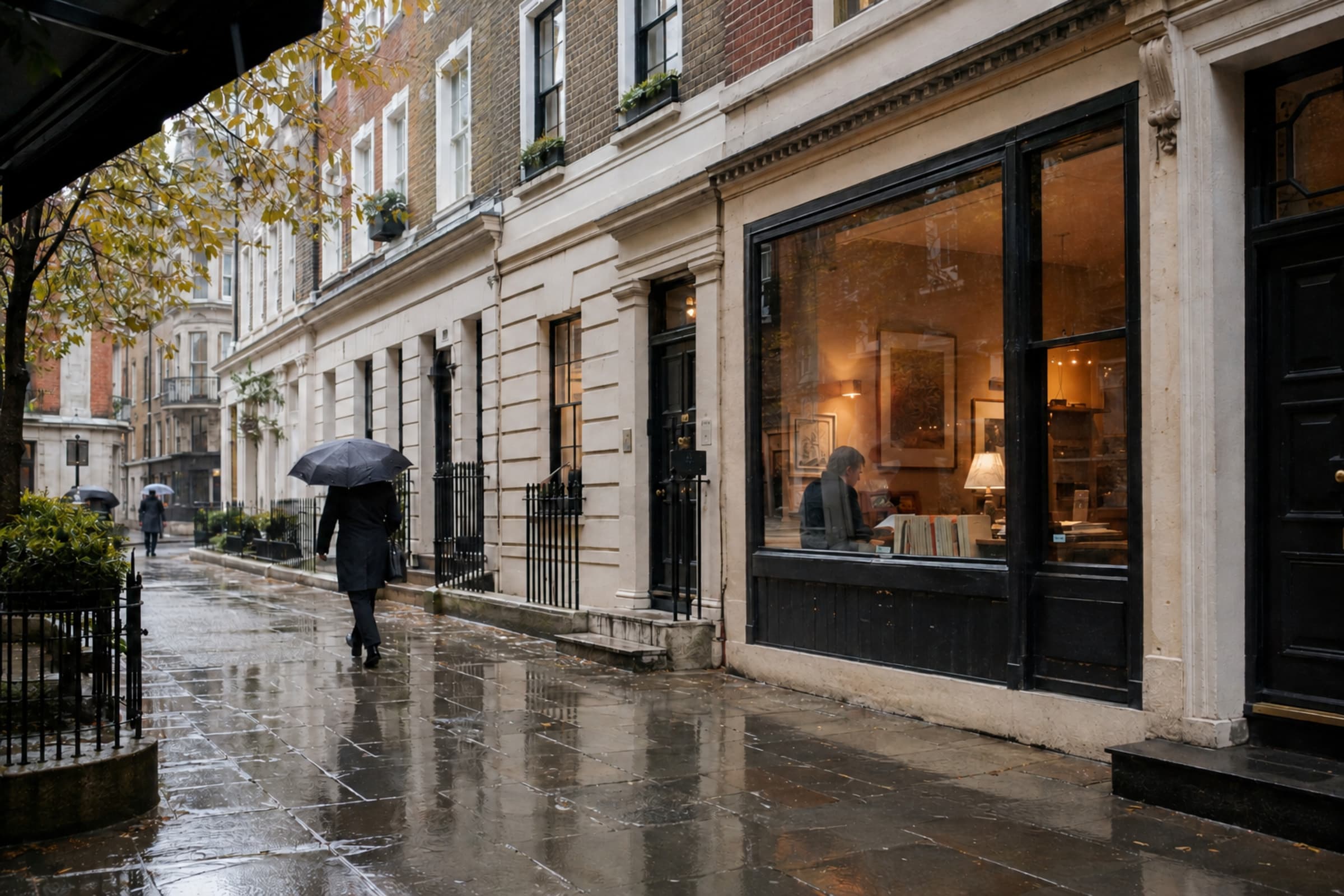 A rain-softened London street on a quiet autumn day with warm cafe windows nearby.