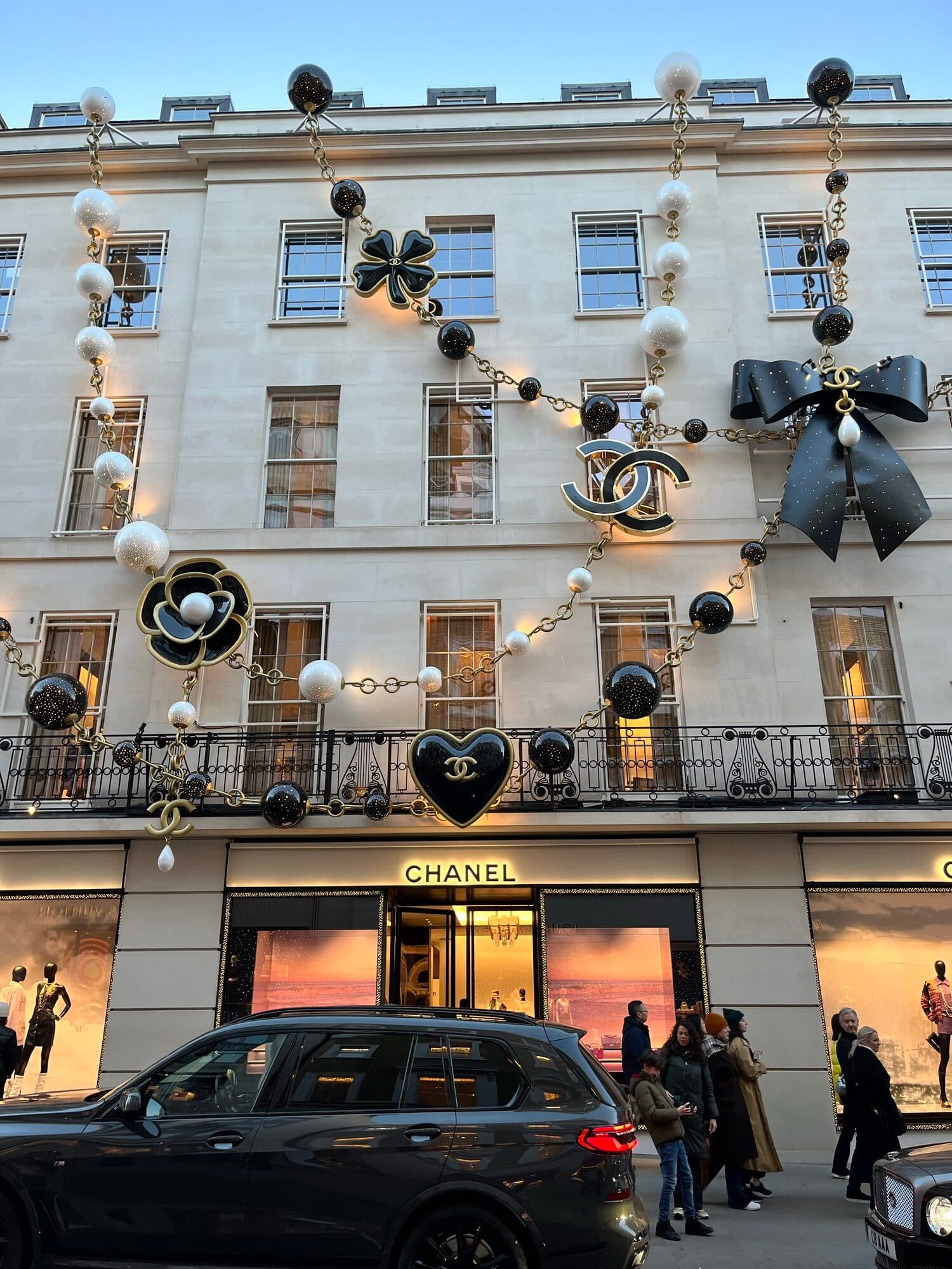 Chanel storefront on New Bond Street in London, dressed for Christmas