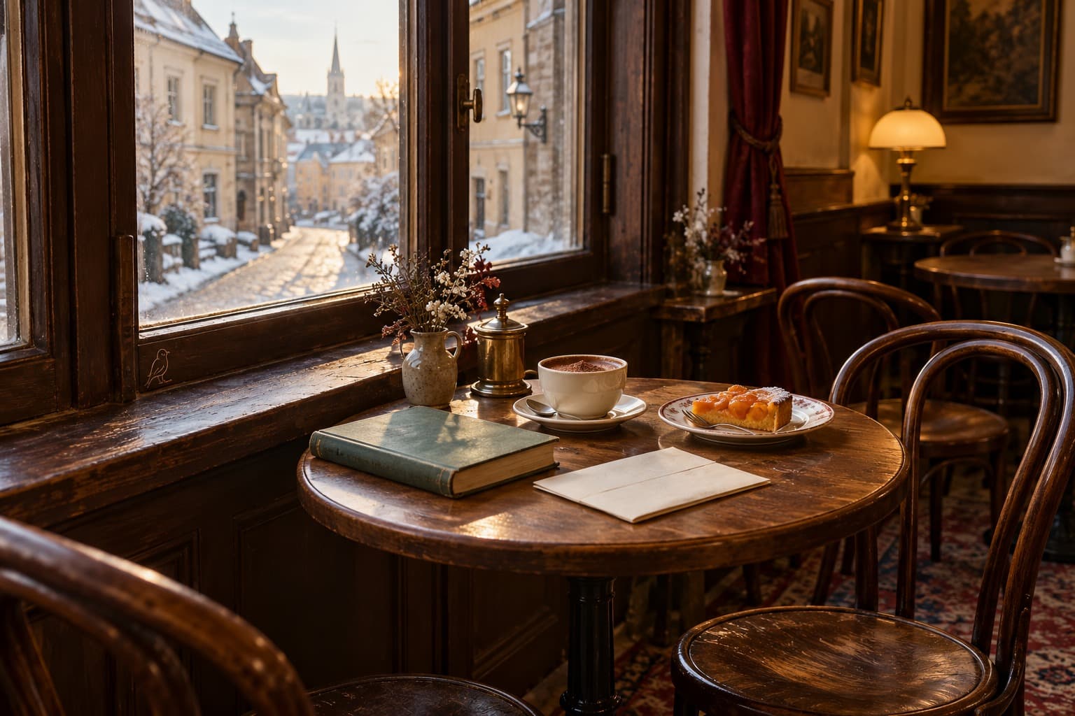 A green novel, folded letter, hot chocolate and apricot cake on a café table by a snowy town window.