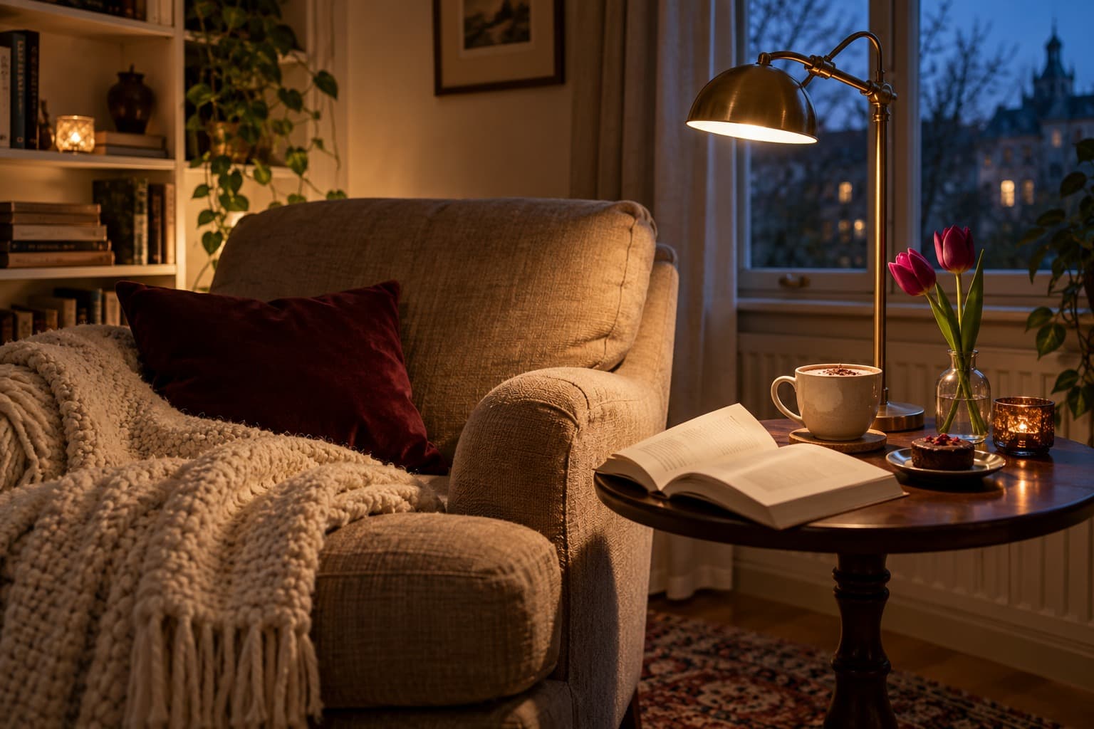 A warm reading chair beside a lamp, an open book, hot chocolate and a small pastry.
