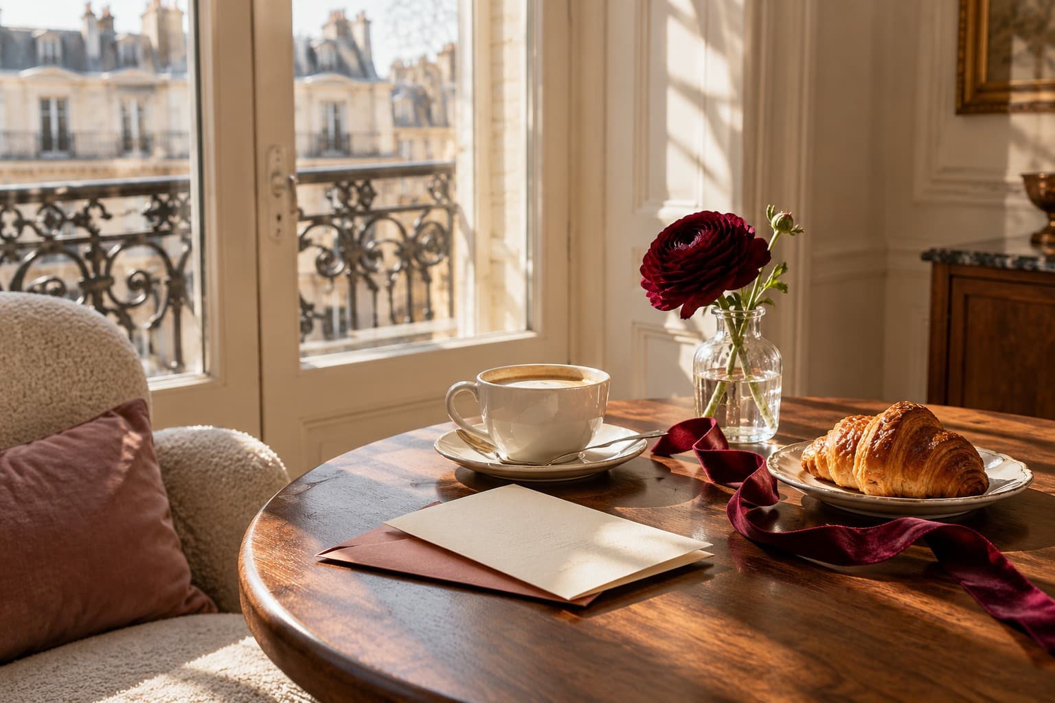 A folded cream note and dusty-rose envelope beside coffee and a burgundy flower.