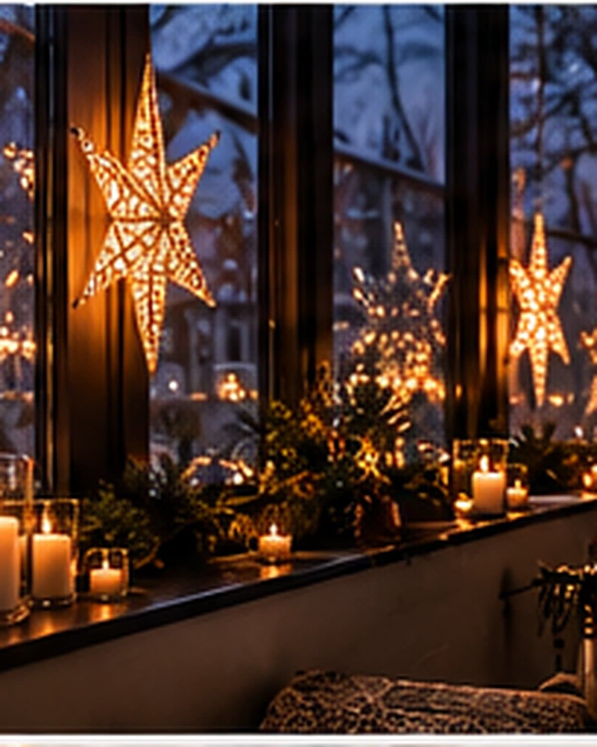 A clean, calm post-Christmas winter room with a warm lamp, a candle and a stack of books.