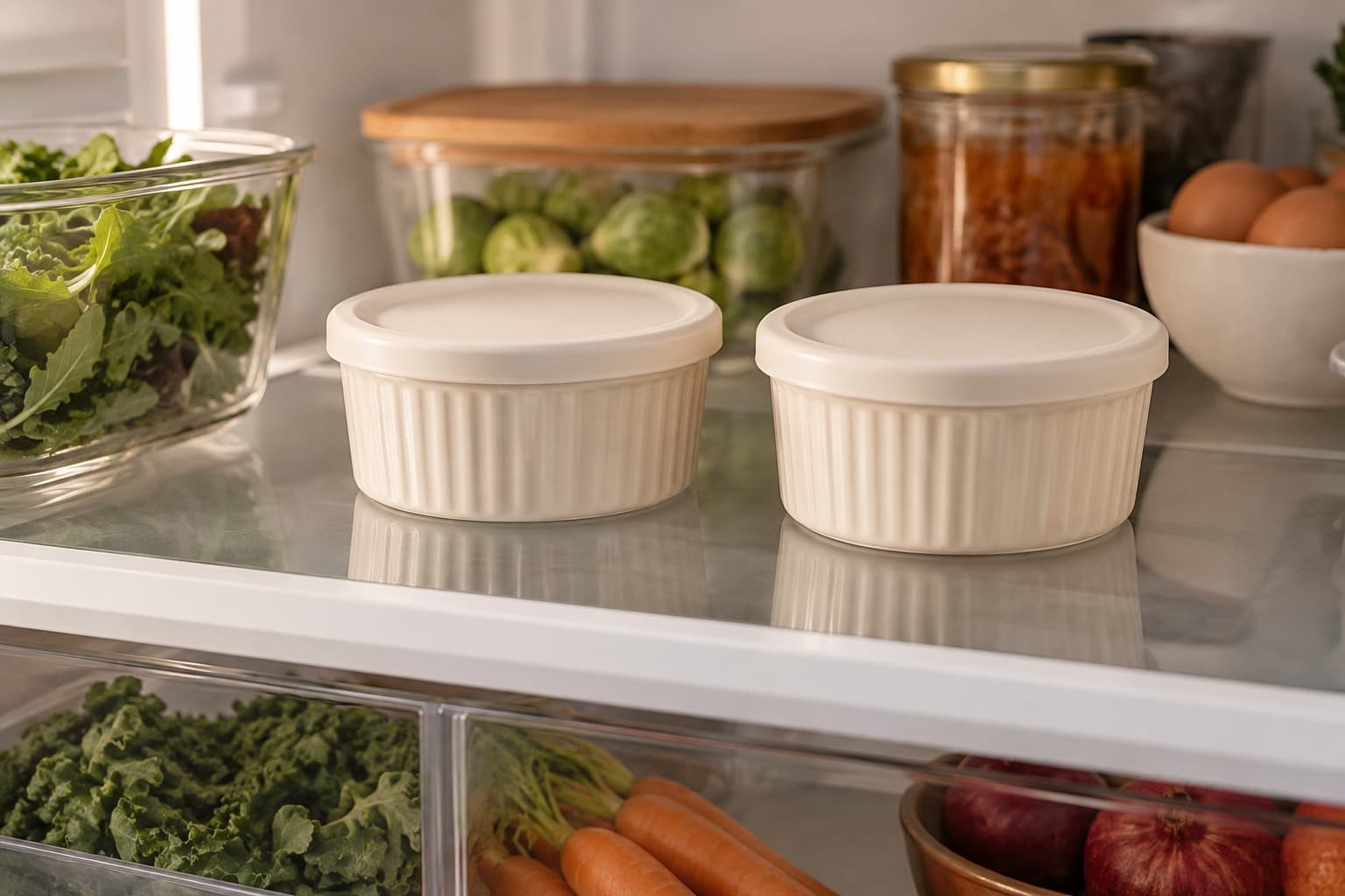 Two covered dessert bowls on a refrigerator shelf.
