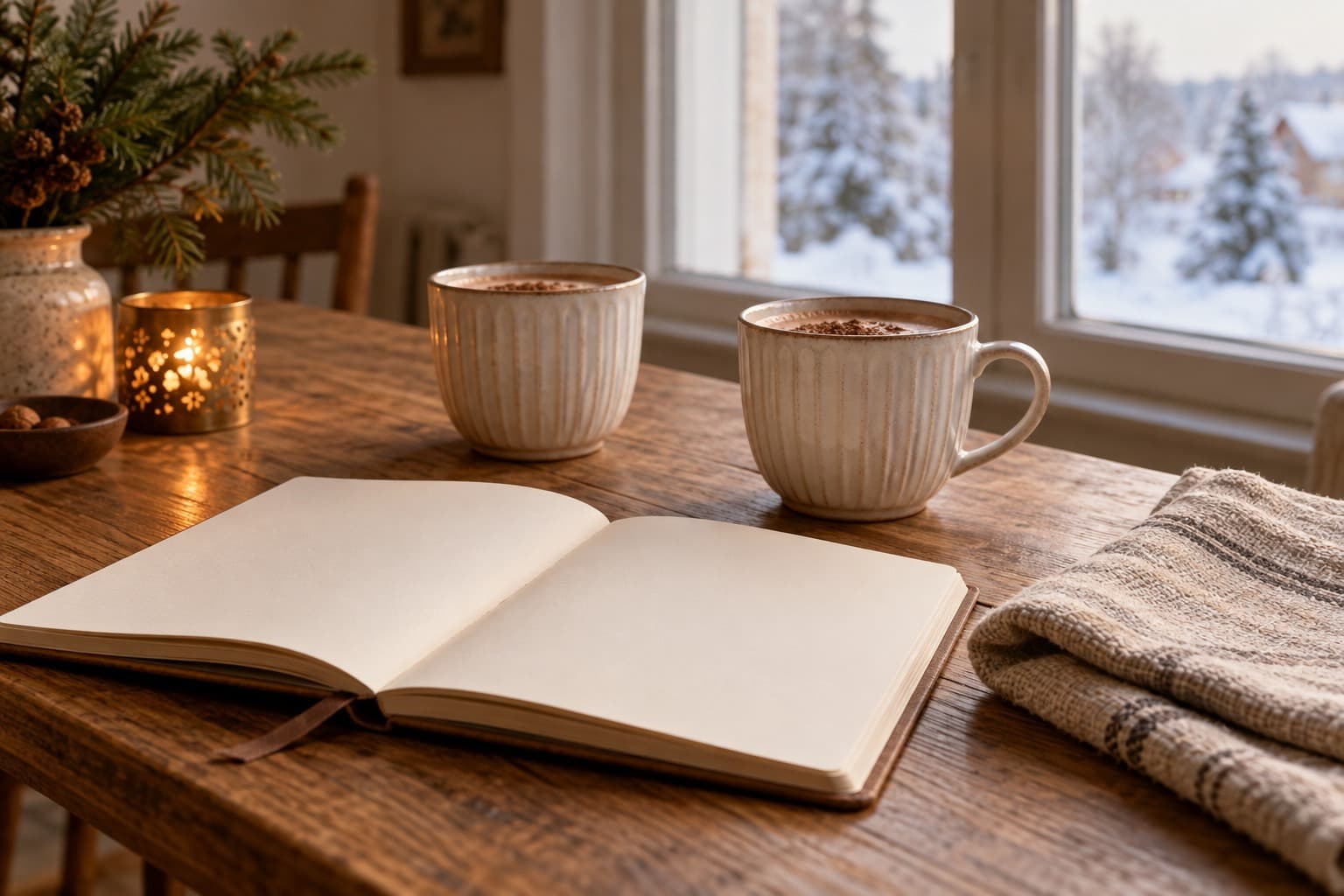 An open notebook beside two mugs on a kitchen table.