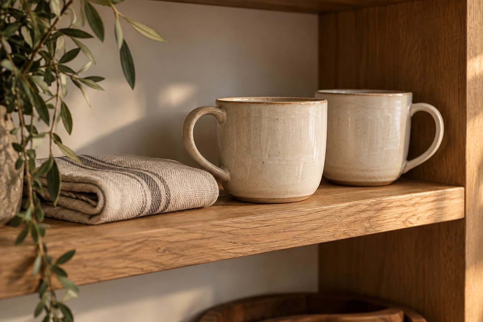 Two cups on a clear shelf beside a folded tea towel.