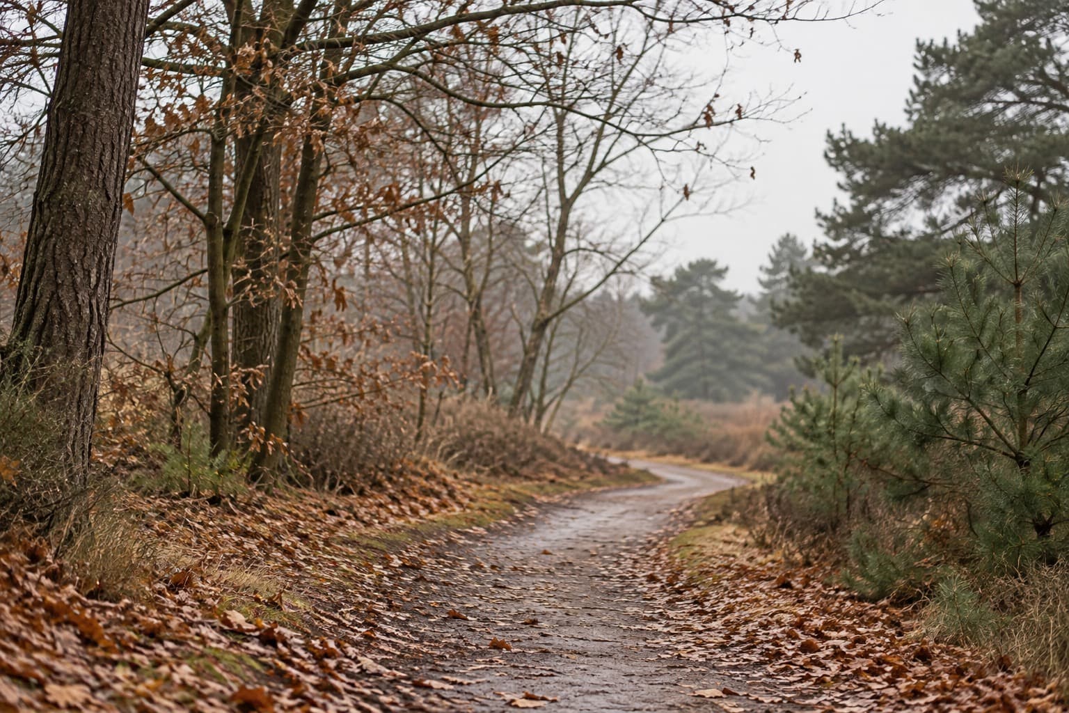 A winter footpath with fallen leaves along its edge.