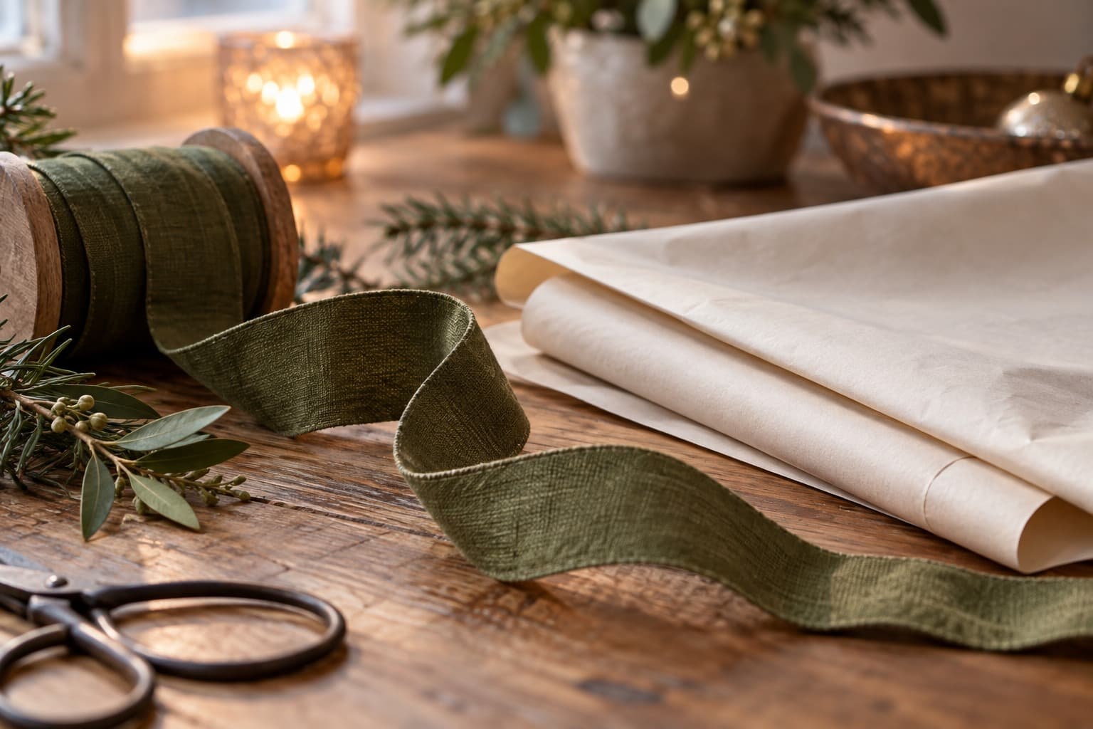 A length of olive ribbon beside cream wrapping paper.