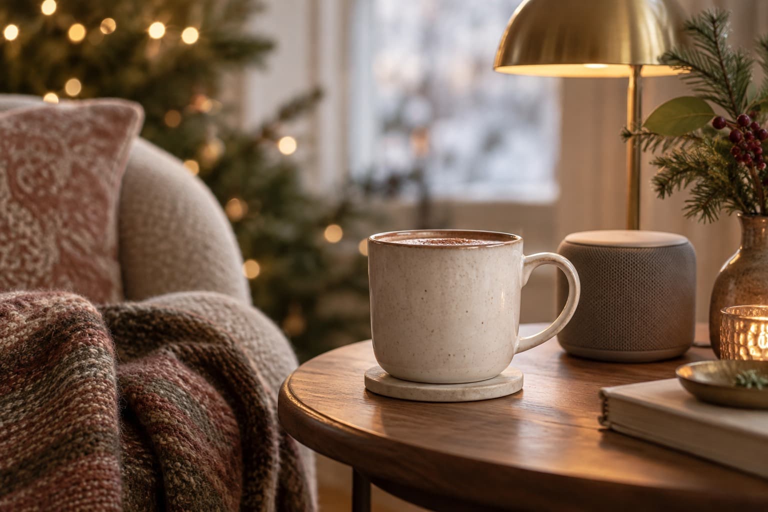A mug on a table beside a compact music speaker.